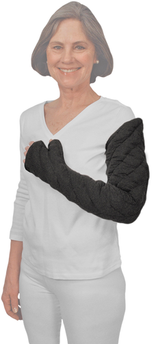 Solaris Metacarpals to Axilla Chevron Style Tribute Night Custom Compression Garment Designed for clients needing coverage over the dorsum and palmar surfaces of hand or who prefer to individually wrap their fingers
Thumb coverage is optional. Provides 28-30 mmHg of gradient compression at distal end and 18-20 mmHg at proximal end.
