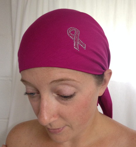 Breast Cancer Awareness Ribbon Self Tie Head Scarf in Magenta with Silver and Pink Ribbon by Sparkle my head Scarves 