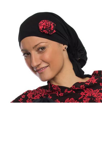Black Headwrap with Coral Floral Rose by Wrapped in Love. Choose Hat Only, Poncho Only or Hat & Poncho Set