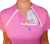 Pink chemotherapy shirt with port access open on one side