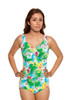 Twist Top Shirred Mastectomy Tank Swimsuit - green, yellow, pink, white leaf print