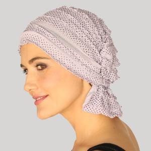 Gilda Ruffle Chemo Beanie - light purple with black polka dots