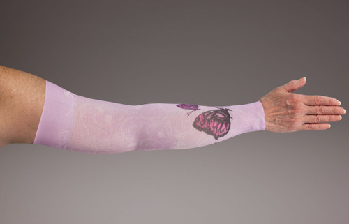 Lymphedivas Compression Gauntlet for lymphedema in Mariposa Pink pattern