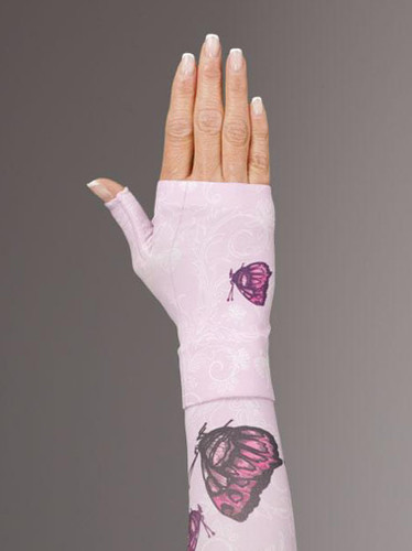 Lymphedivas Compression Gauntlet for lymphedema in Mariposa Pink pattern
