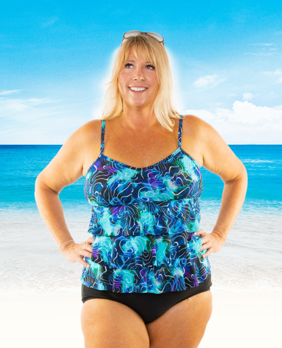 Triple Tier Mastectomy Swim Top|Pocketed Swim Top Separate in Electric Ocean Print  by T.H.E. - blue/turquoise/black abstract pattern