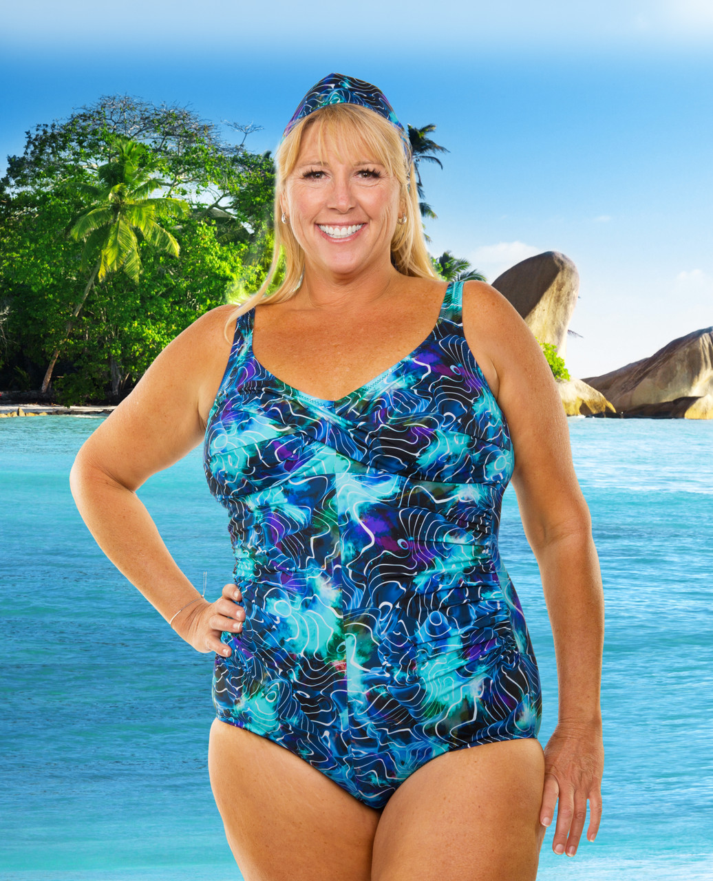 Twist Top Gathered Mastectomy Tank - Electric Ocean in Women's Sizes by  T.H.E