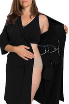The Recovery Brobe in Black is designed for women undergoing any breast surgery such as mastectomy, reconstruction, breast augmentation or reduction. Inside the robe are pockets on either side to hold post-operative fluid drains. The front velcro closure bra also has pockets built inside to hold ice packs and/or a prosthetic breast.