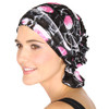 Delia Ruffle Chemo Beanie - Black with Pink Circles Ruffle