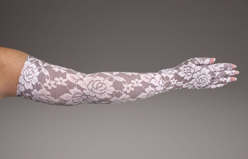 LympheDivas 20-30mmHg or 30-40mmHg medical compression in a white lace pattern called Darling Dark 