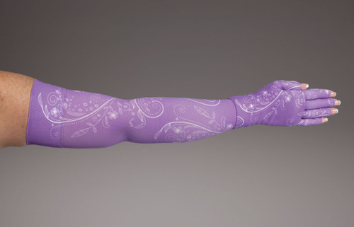 LympheDivas 20-30mmHg or 30-40mmHg medical compression in lavender background with white floral pattern called Firefly-Purple