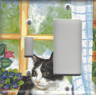 Black & White Cat in Window - Double Combo Switch & GFI/Rocker