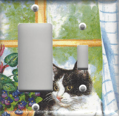 Black & White Cat in Window - Double Combo GFI/Rocker & Switch