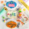 Want to 'super size' your happygram? Order personalized sugar cookies with royal icing. Add your child's name, age, or special word. Have a design in mind? No problem.