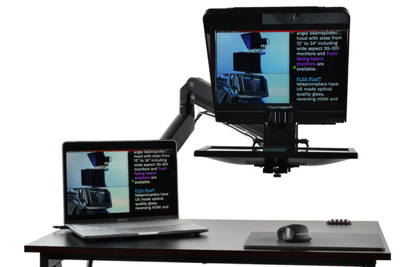 Desktop Arm Model Teleprompter Flex Plus 15.6" HD-SDI and HDMI Screen PrompterPeople Setup Side Angle with Arm - Free Fly Desktop Office, work from home Teleprompter - Face with Signal