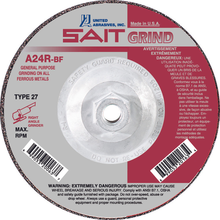5-Pack United Abrasives SAIT A24R-BF 4-1/2" X 1/4" Type 27 Grinding Wheels - 7/8" Arbor, Made In USA - View #4