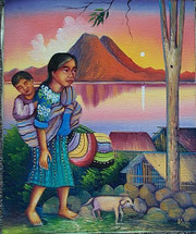 Elmer Cholotio -- Lake Atitlan Landscape, Woman and Child