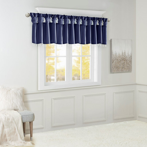Navy Blue Faux Silk DIY Twisted Tab Top Window Valance w/Hanging Beads