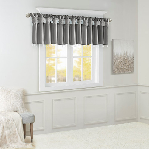 Charcoal Grey Faux Silk DIY Twisted Tab Top Window Valance w/Hanging Beads