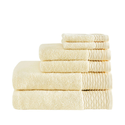 6pc Yellow Wavy Border Zero Twist Cotton Towel Set - 580GSM (Breeze Jacquard- Yellow-Towels)