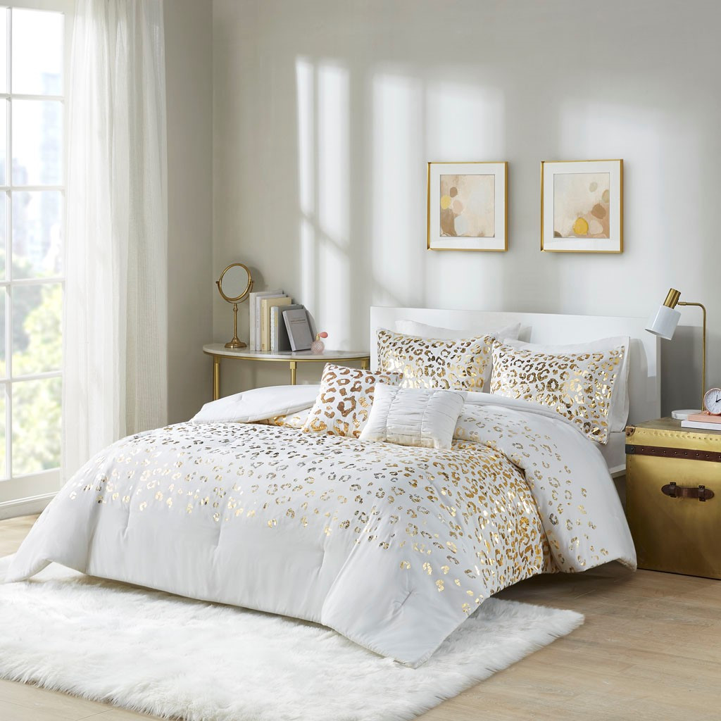 Ivory & Gold Metallic Animal Print Comforter Set AND Decorative Pillows