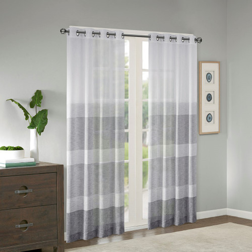  Grey & White Striped Woven Faux Linen Window Curtain Sheer Panel (Hayden-Grey-Sheer)