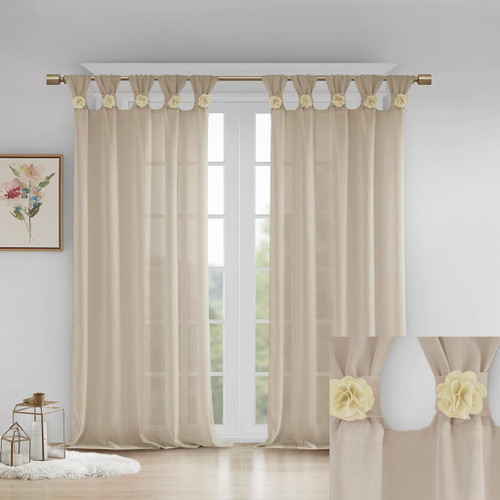 Linen Color Feminine & Floral Cuff Tab Top Sheer Window Curtain Panel (Rosette-Linen-Panel)