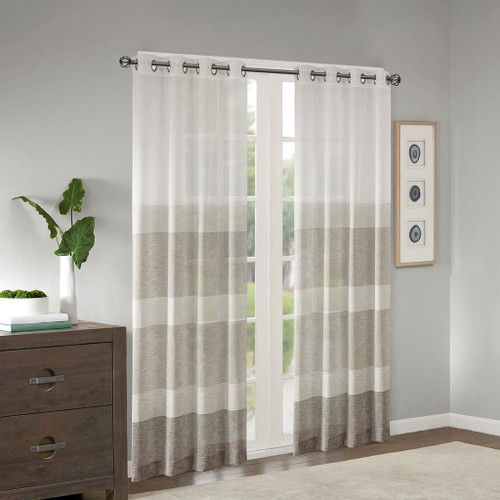 Neutral Brown & White Striped Woven Faux Linen Window Curtain Sheer Panel (Hayden-Neutral-Sheer)