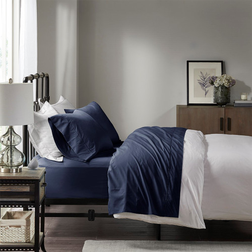 Navy Blue Year Round Cotton Percale Sheet Set (Peached Percale-Navy)