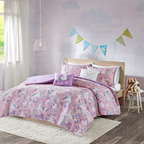 Pink & Purple Reversible Unicorns Comforter Set AND Decorative Pillows (Lola-Pink-comf)