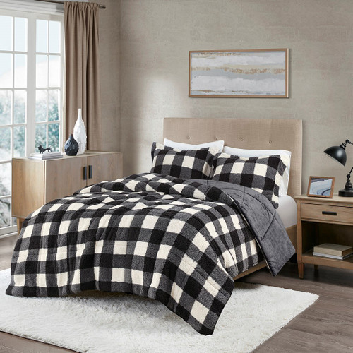 3pc Black & Ivory Buffalo Check Reversible Sherpa Down Alternative Comforter AND Decorative Shams (Brooks-Ivory/Black-Comf)