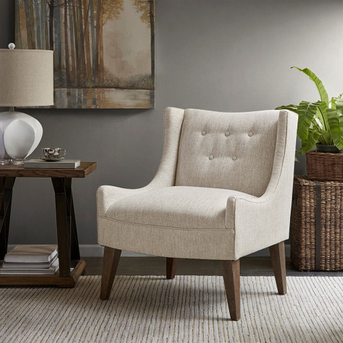 Cream Color Upholstered Accent Chair Solid Wood Legs & Frame (086569967794)