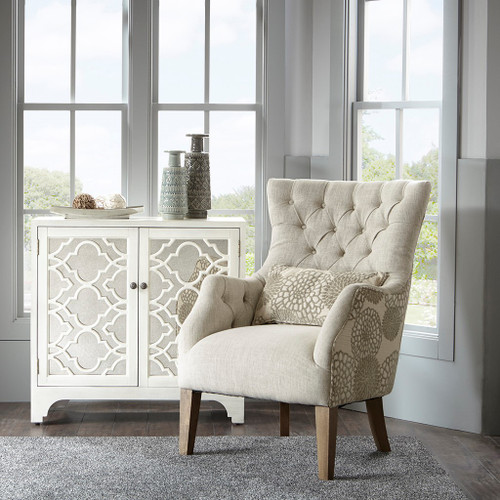 Beige Multi Accent Chair with Back Pillow Button Tufted Back Solid Wood Legs (086569035950)