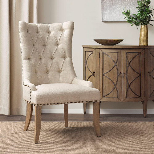 Cream Color Button Tufted Captain Accent Chair Solid Wood Frame & Legs (086569325891)