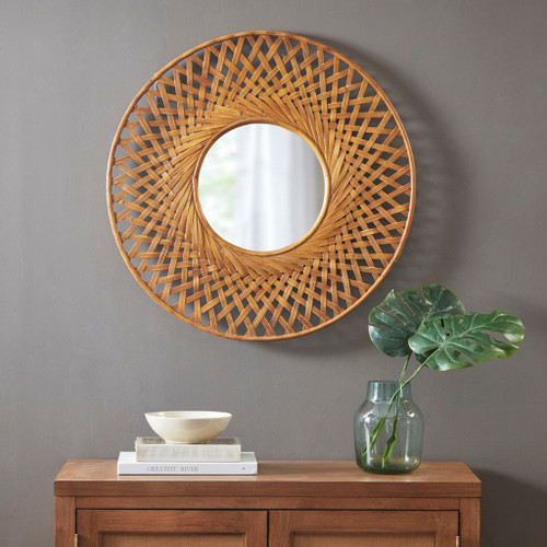 Natural Color Round Bamboo Wall Art Mirror Decor (086569442741)