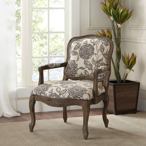 Taupe & Brown Floral Monroe Hand Carved Camel Back w/Exposed Wood Chair (Monroe-Multi-Chair)
