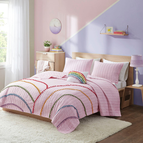 Pink w/Pom Pom Rainbows Coverlet Set AND Decorative Pillows (Juniper-Pink-Cov)