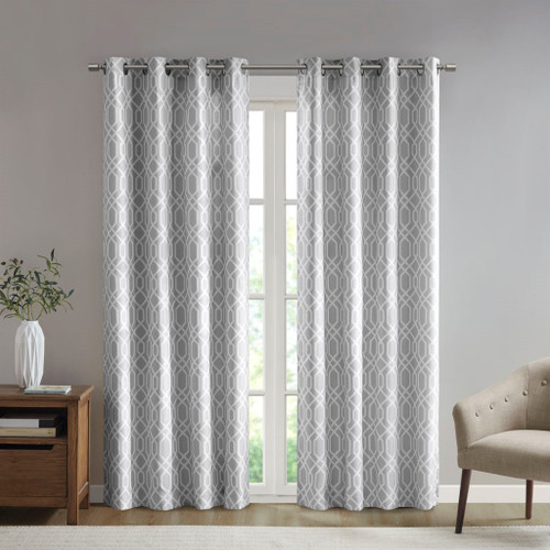 Set of 2 Grey & White Ogee Texture Blackout Grommet Top Curtains (Albina-Grey-Curtain)