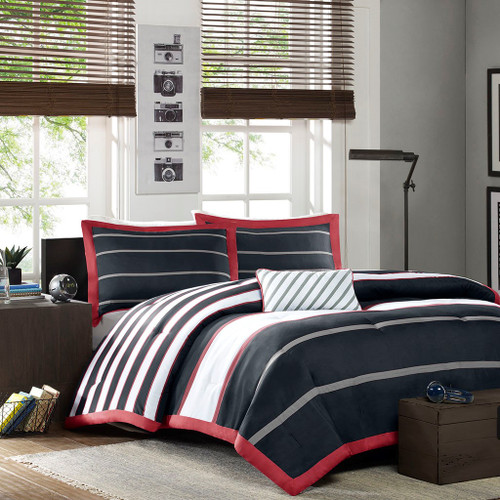 Black & Red Striped Comforter Set AND Decorative Pillow (Ashton-Red/Black)