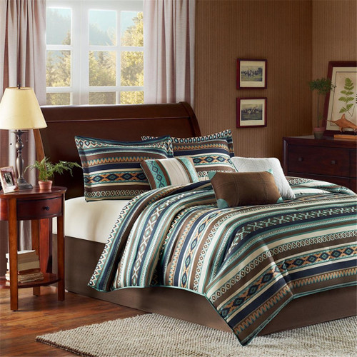 7pc Brown & Blue Southwestern Comforter Set AND Decorative Pillows (Malone-Blue)