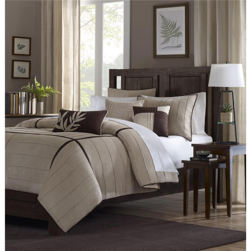 7pc Khaki & Brown Microsuede Comforter Set AND Decorative Pillows (Dune-Khaki)