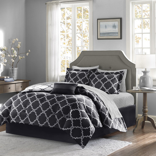 Black & White Reversible Fretwork Comforter Set AND Matching Sheet Set (Merritt-Black)