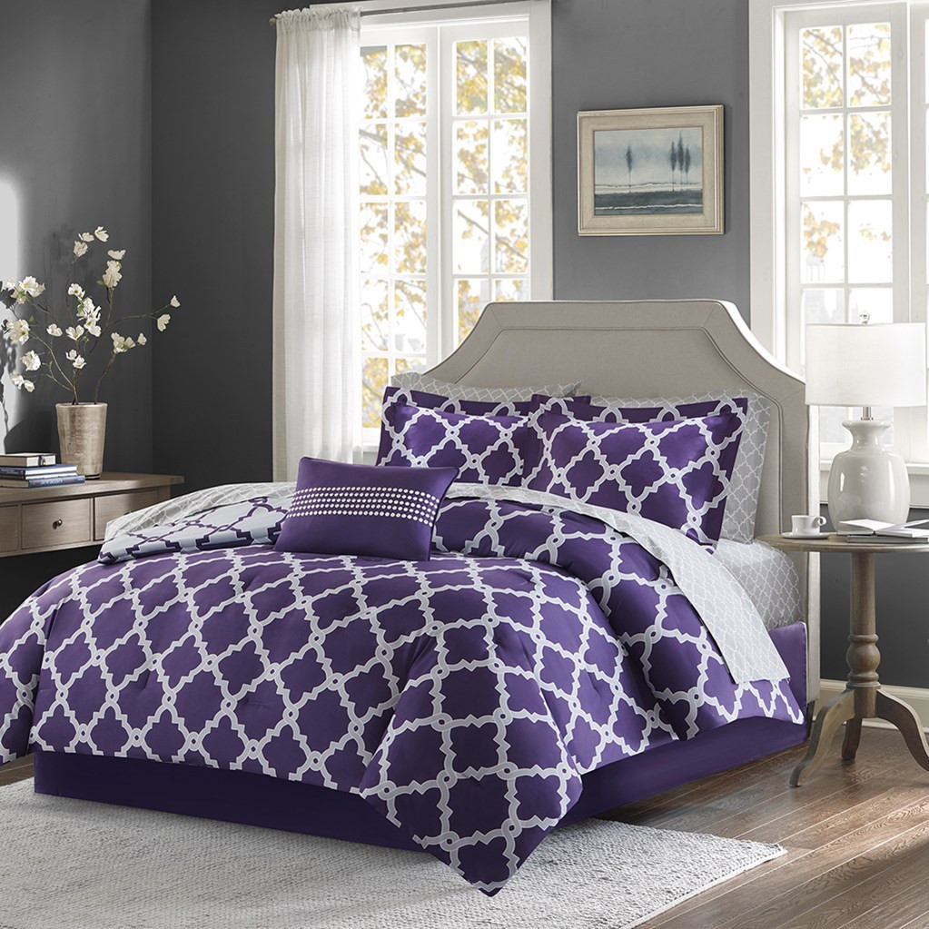 Purple & Grey Reversible Fretwork Comforter Set AND ...
