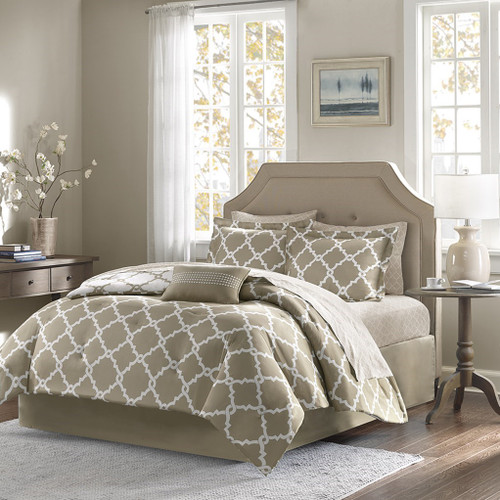 Taupe & White Reversible Fretwork Comforter Set AND Matching Sheet Set (Merritt-Taupe)