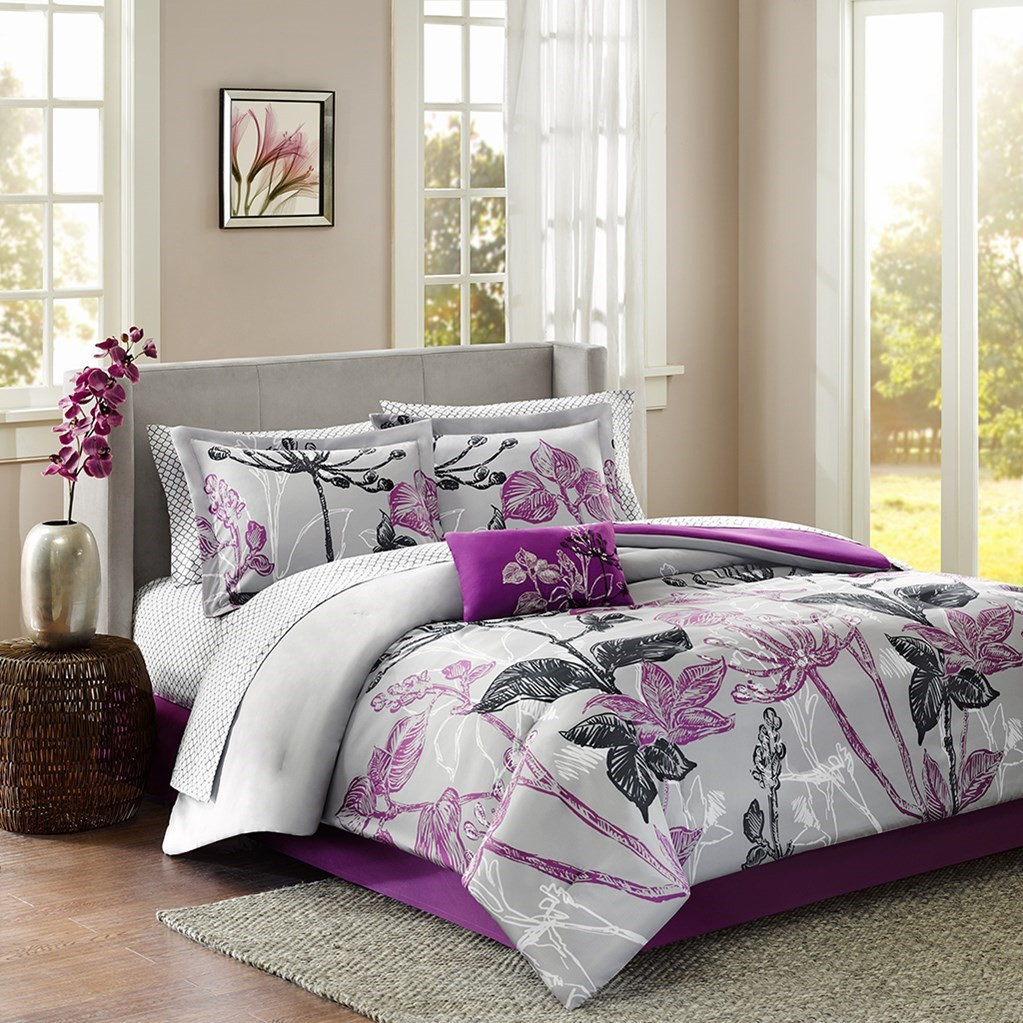 Purple Black Grey Reversible Floral Comforter Set And Matching