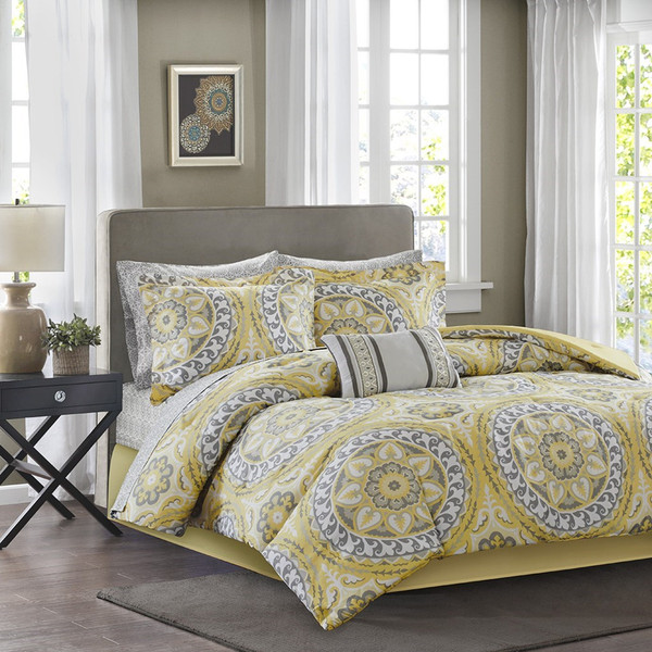 Yellow Amp Grey Oversize Medallions Comforter Set And