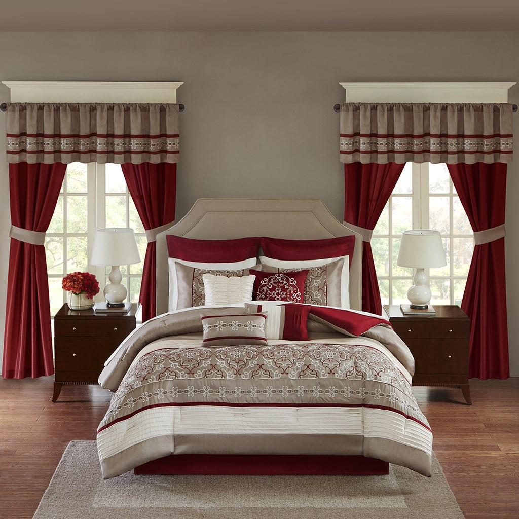 24pc Burgundy & Taupe Embroidered Comforter Set, Sheets, Pillows