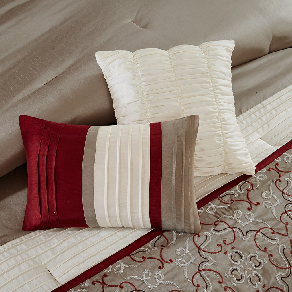 24pc Burgundy Taupe Embroidered Comforter Set Sheets Pillows