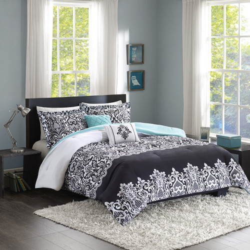 Bold Black White & Teal Damask Comforter Set AND Decorative Pillows (Leona-Black)