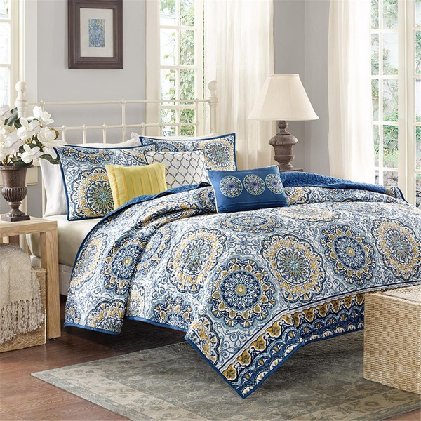 6pc Blue Amp Yellow Reversible Medallion Coverlet Quilt Set