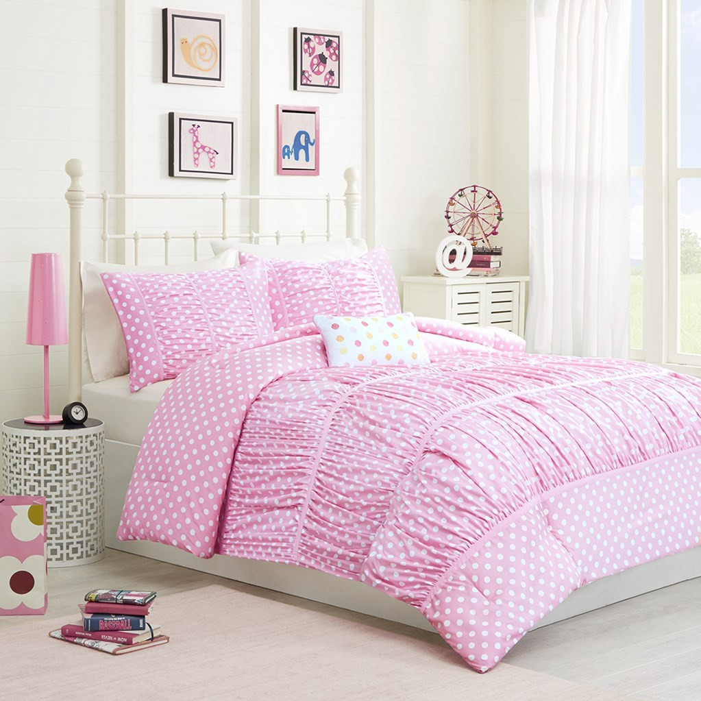Girls Pink & White Polka Dots Comforter Set AND Decorative Pillow (Lia